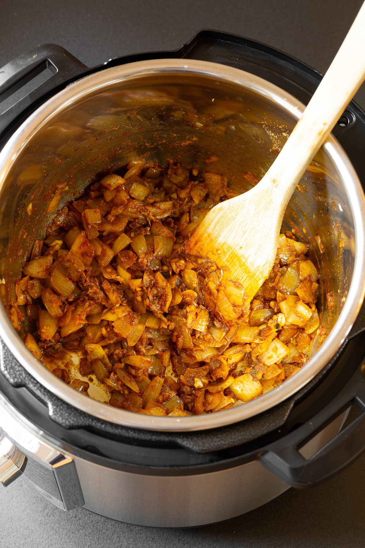 Top down view of veggies cooked in an instant pot. 