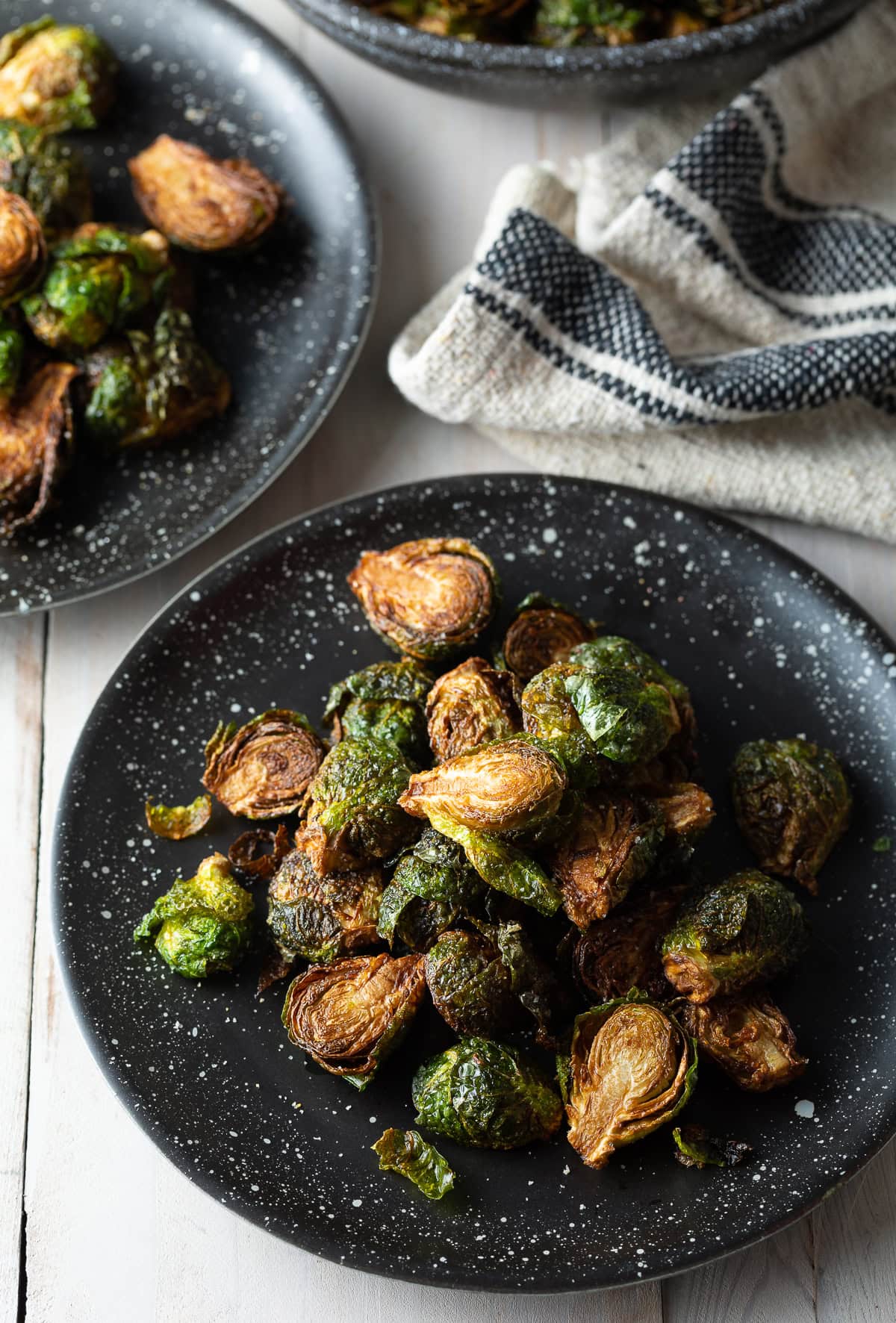 Top down view of plated sprouts. 