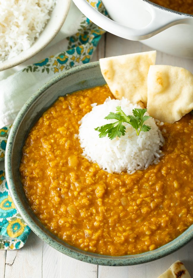 Moong Dal served with rice and pita bread