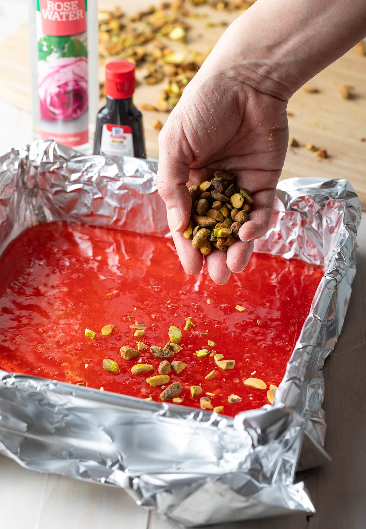 candy with pistachios in foil covered pan
