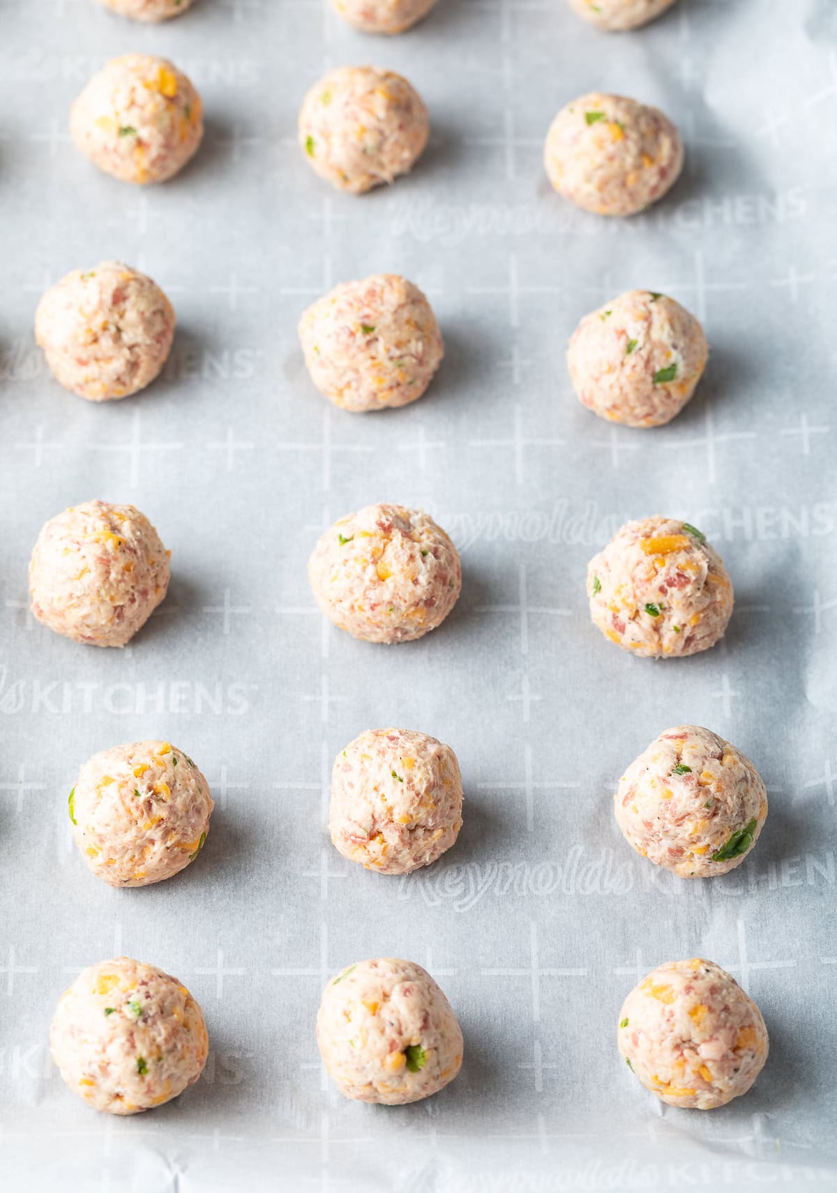 tightly rolled balls of sausage with Bisquick 