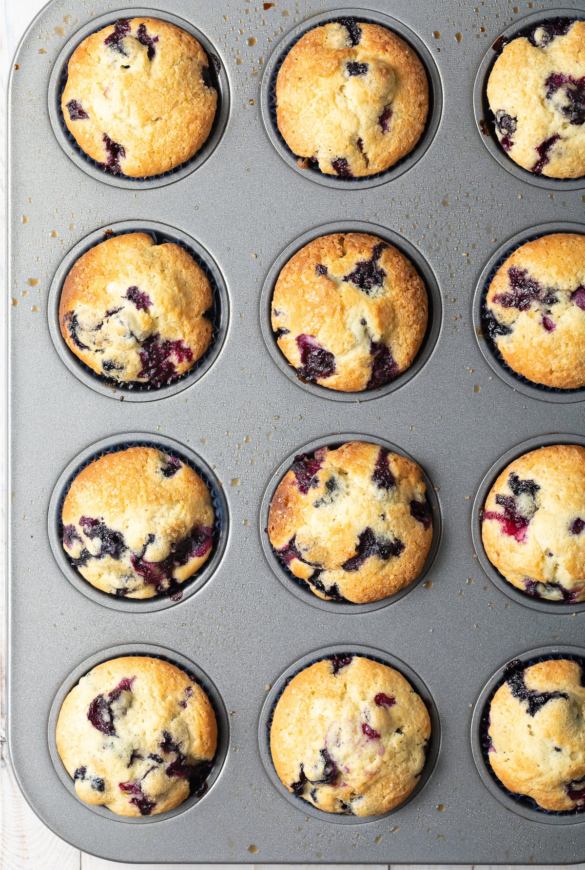 Freshly baked lemon blueberry muffins in a muffin pan.