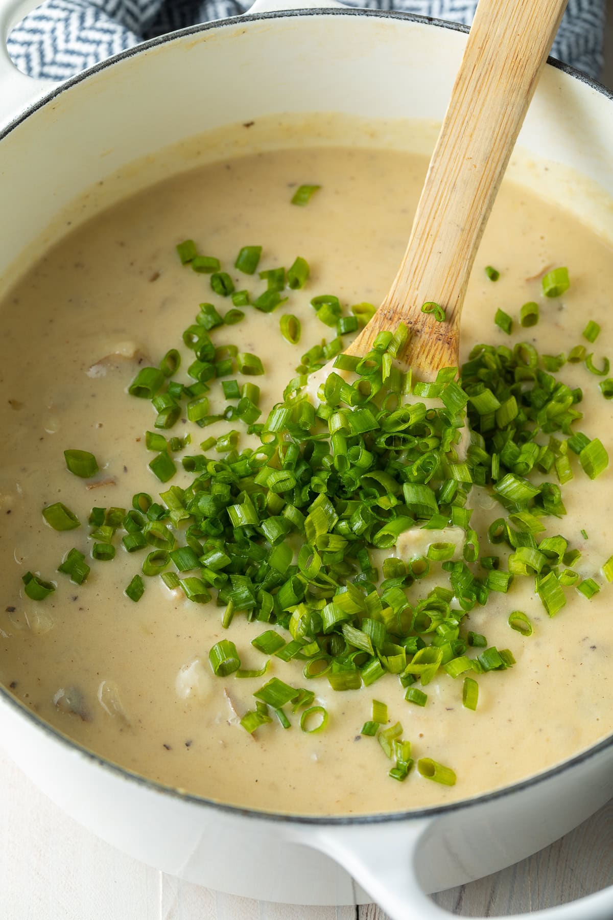 Adding green onions to soup pot