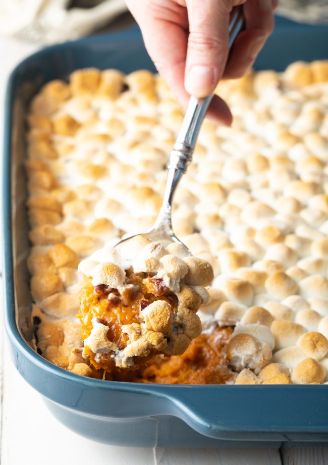 southern sweet potato casserole with marshmallows and pecans