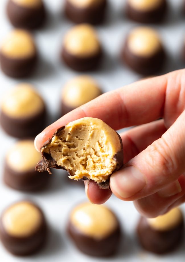 creamy no bake peanut butter balls dipped in chocolate