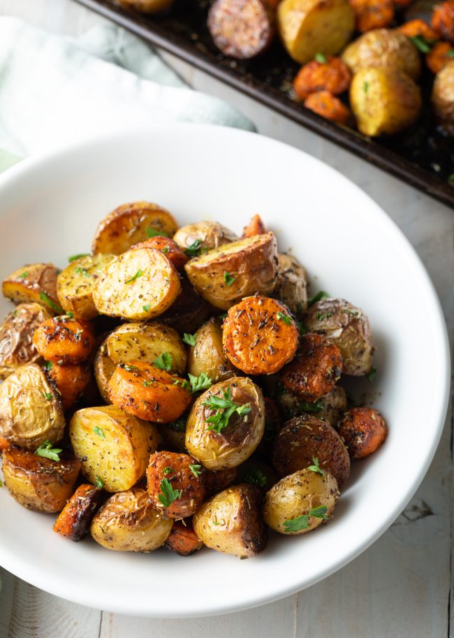 oven roasted potatoes and carrots with herbs