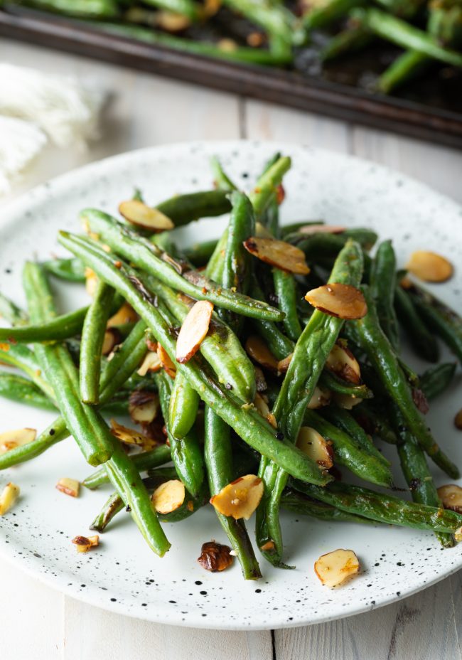 healthy green beans with almonds plated for dinner