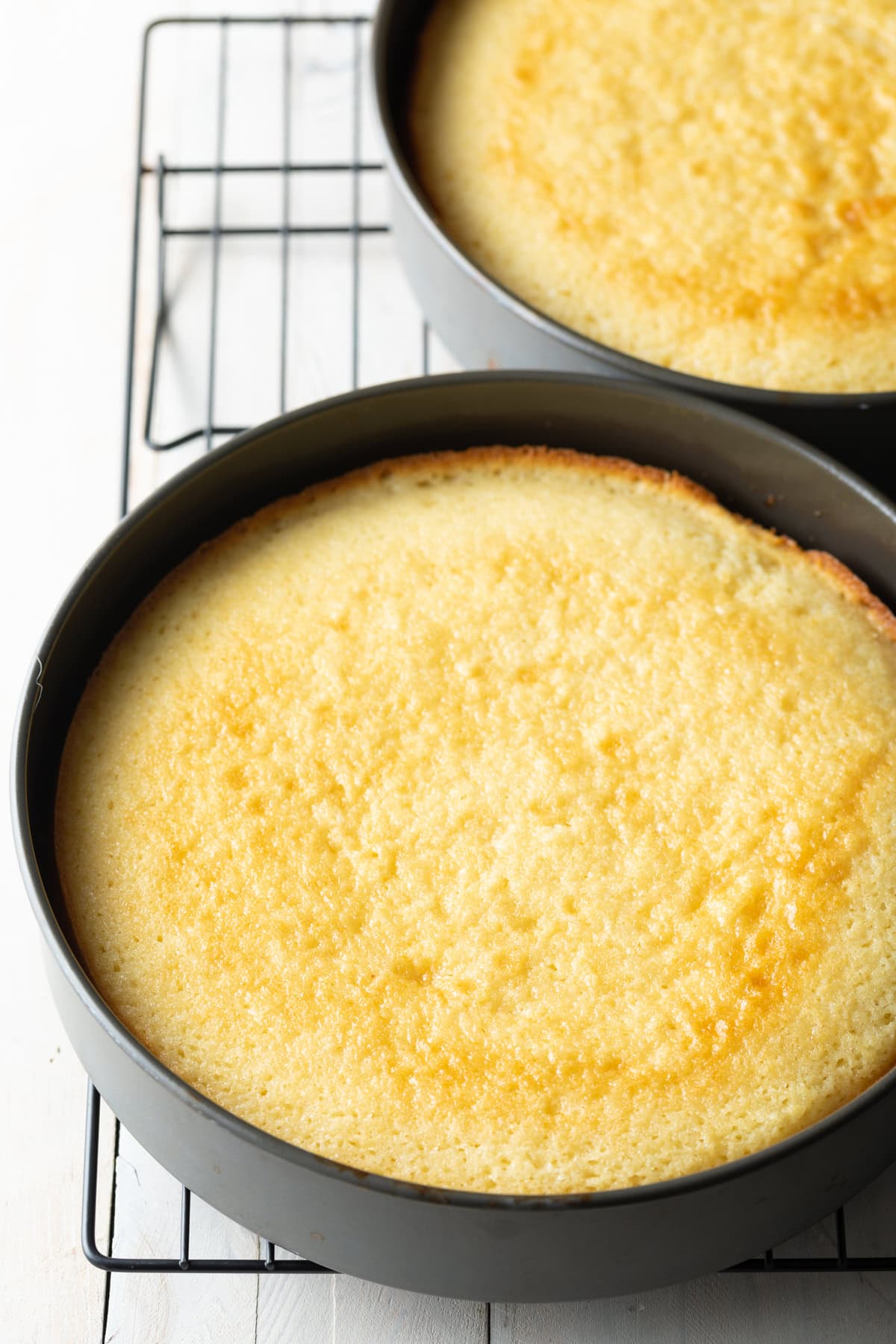 Baked cake layers in a pan. 