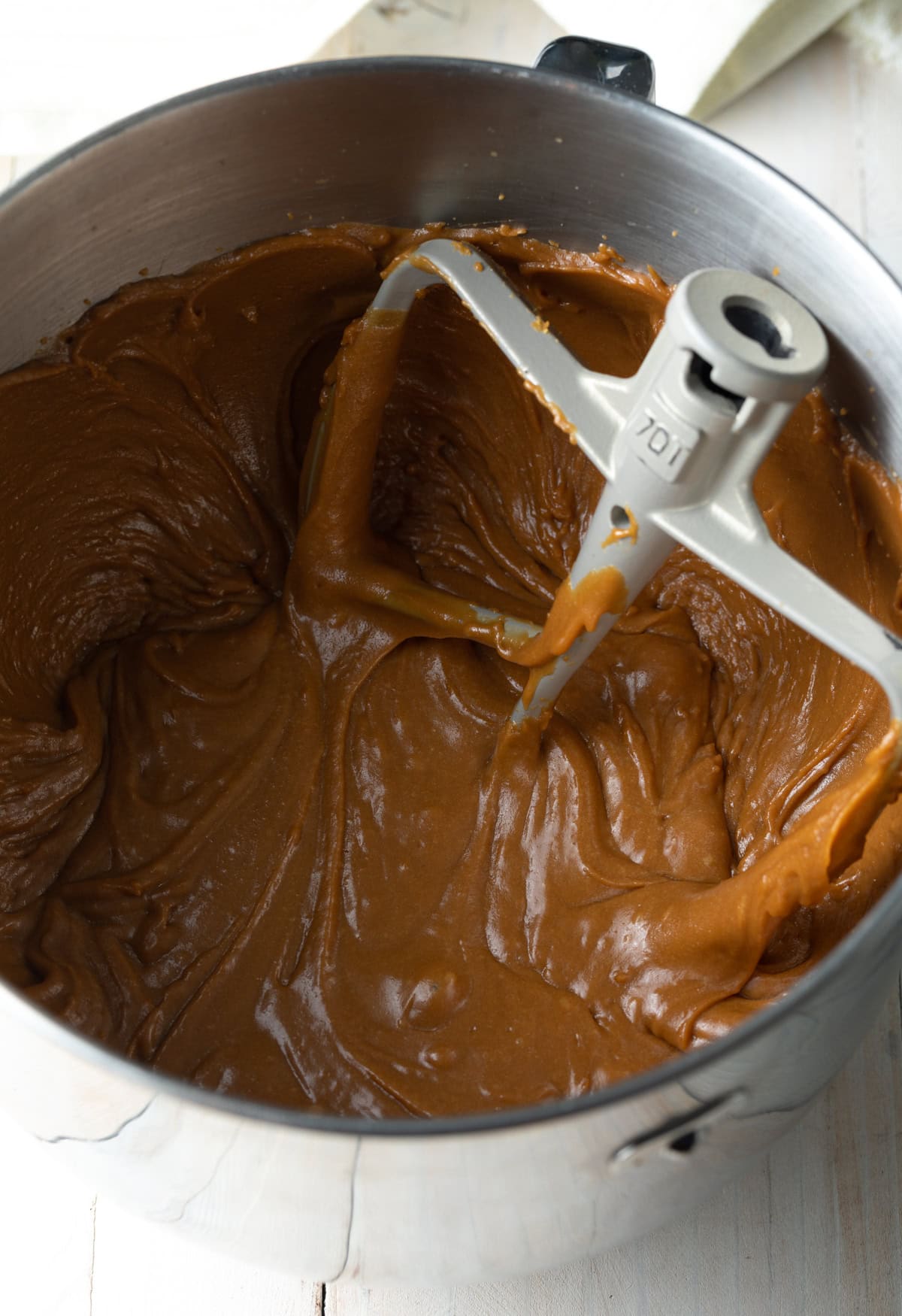 Whipped up caramel frosting in an electric mixer. 