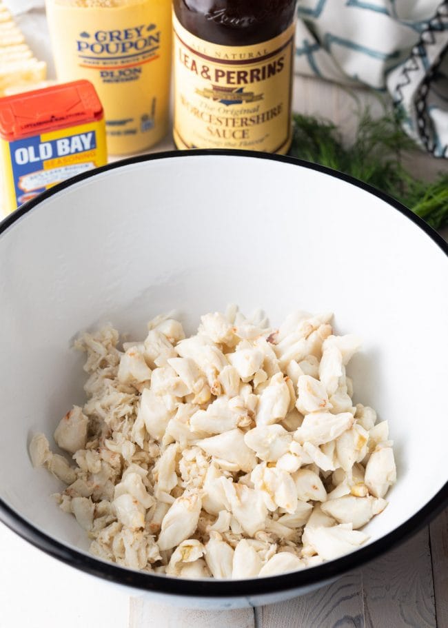 Bowl loaded with fresh crab meat.