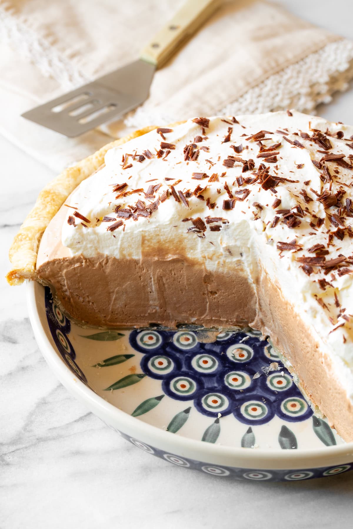 easy french silk pie recipe cut open to show the inside of the pie