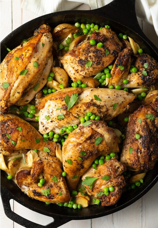 one pot baked chicken and potatoes with peas