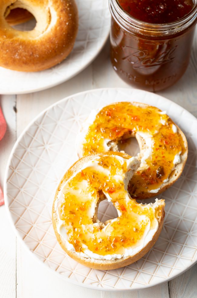 pepper jelly with cream cheese on bagels