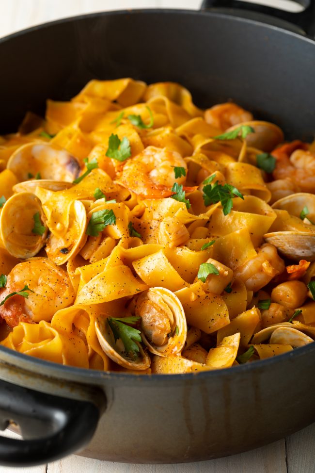 wide egg noodles with rich seafood sauce
