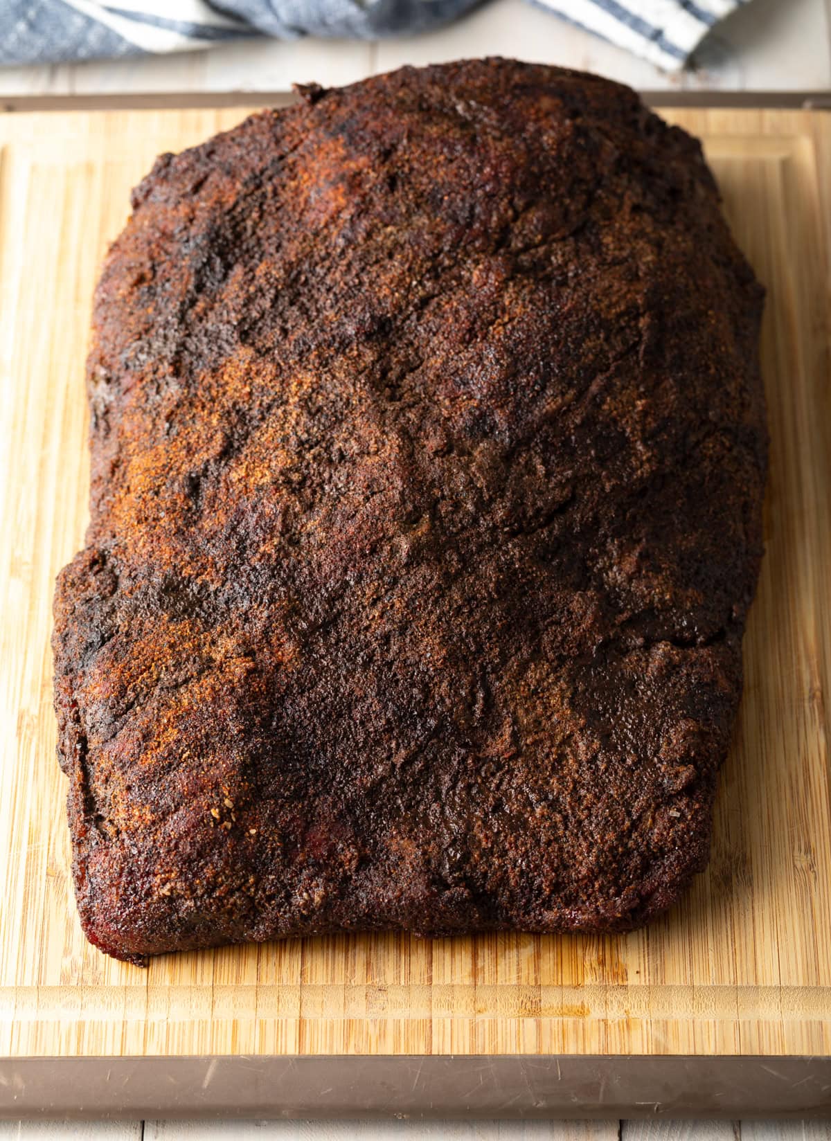 Beef brisket after being smoked and before being sliced.