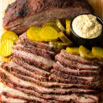 smoked beef brisket with mustard and pickles