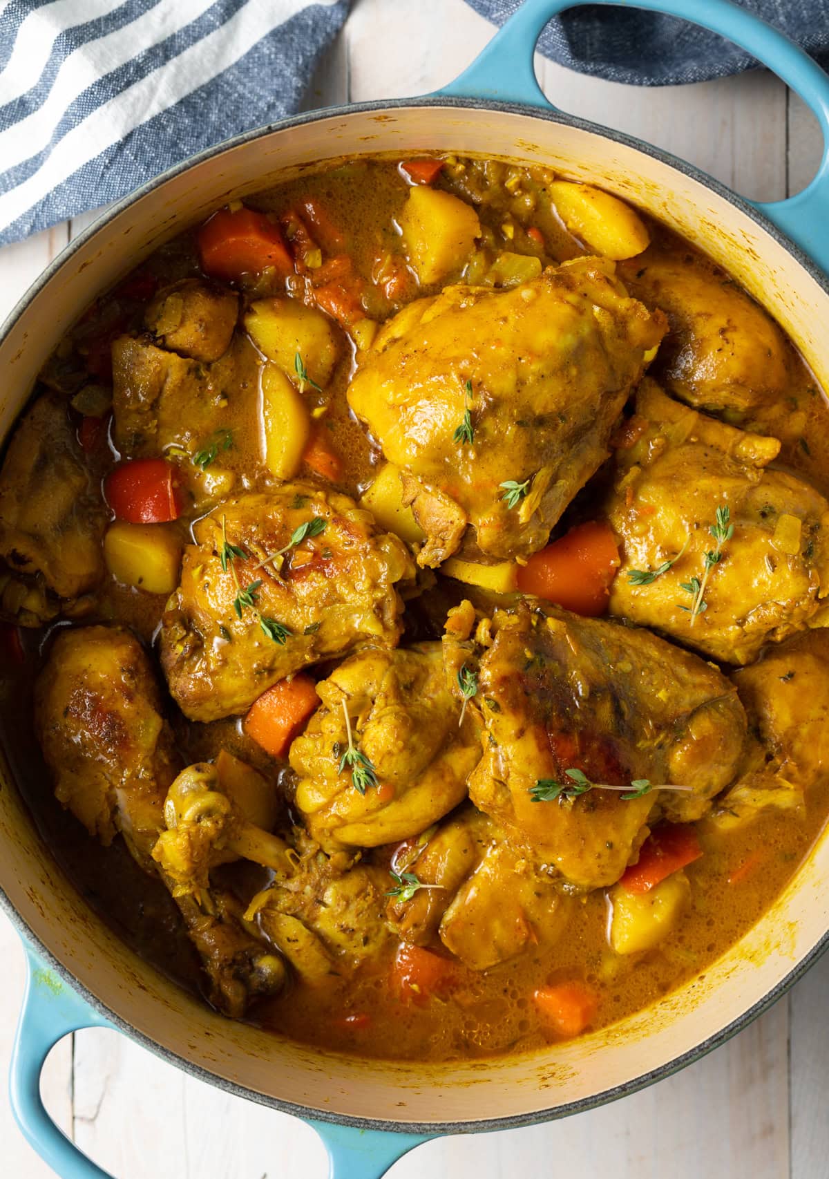 Top down view of ready to eat chicken curry.