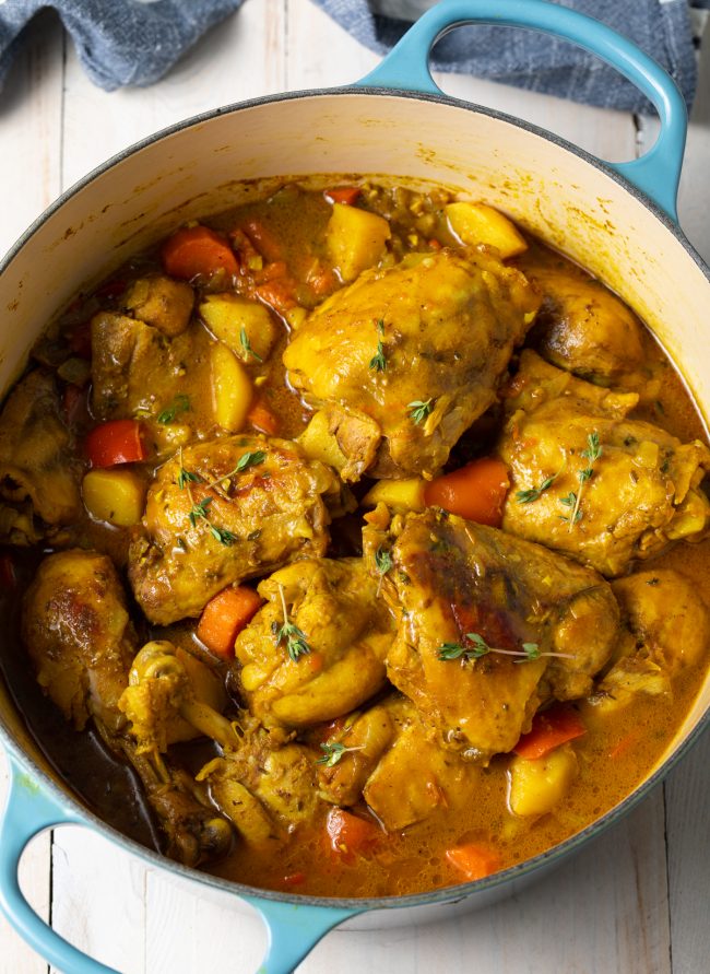 Caribbean chicken curry in a pot