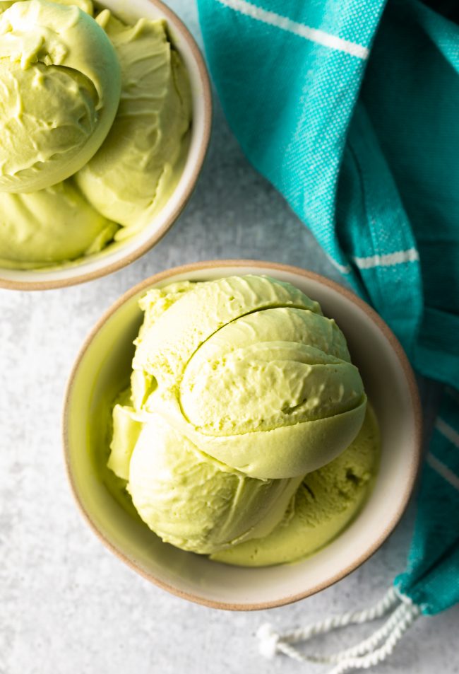 overhead view of dairy-free ice cream with avocado in a bowl