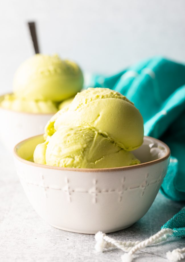 bowl of vegan avocado ice cream in a bowl