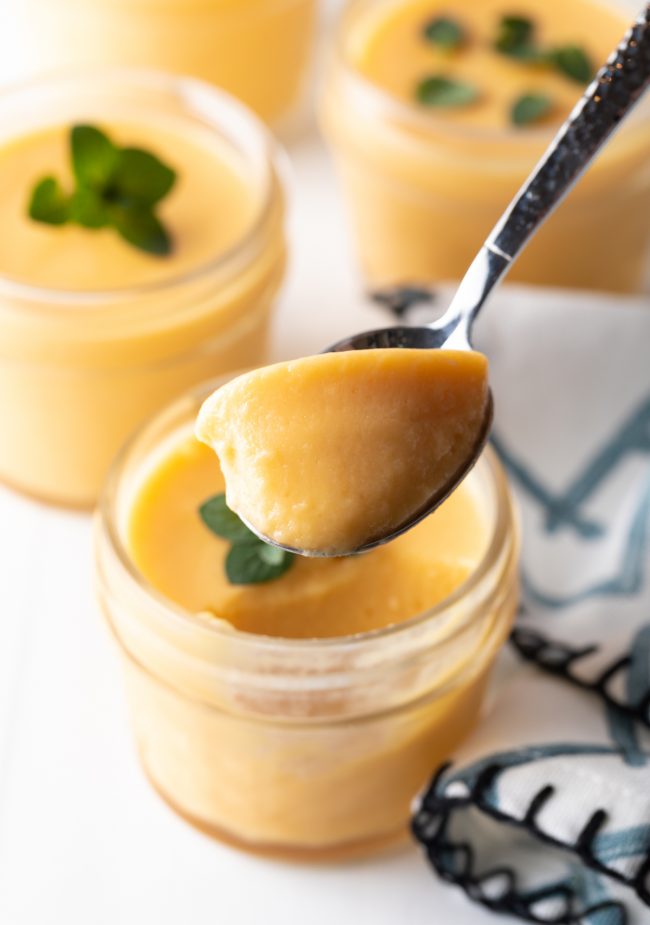 spoonful of creamy pudding with mangoes