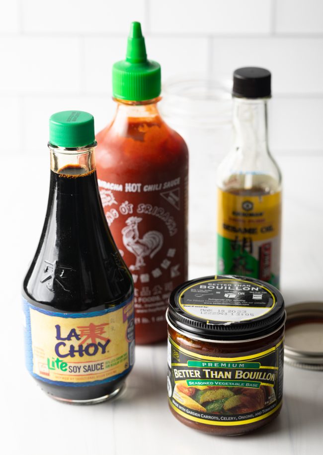 veggie bouillon, sesame oil, sriracha, and soy sauce ingredients