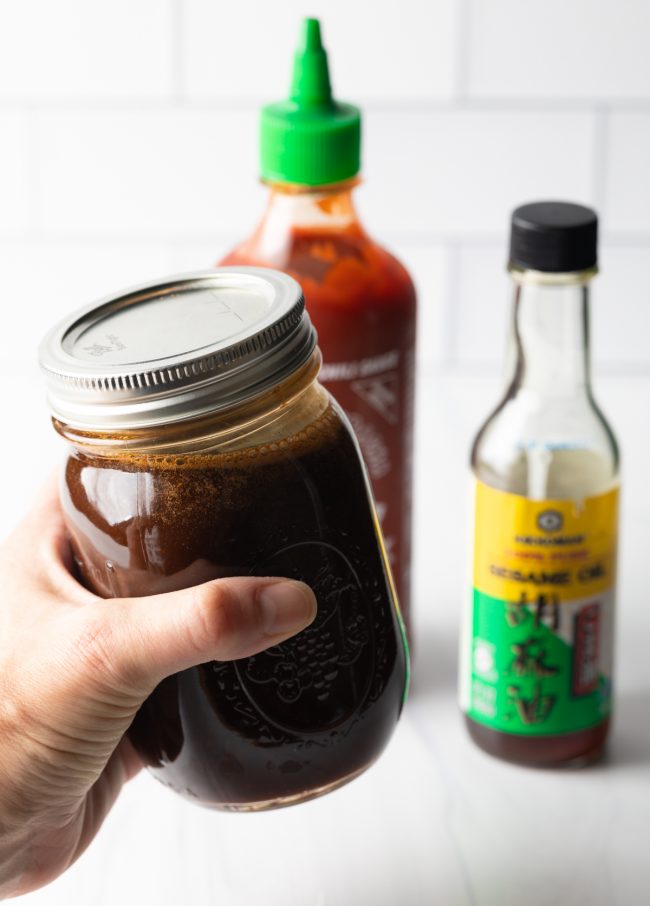 homemade vegan stir fry sauce in a mason jar
