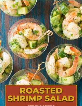 Single-image poster of roasted shrimp salad with cucumber and avocado in a garlic lime vinaigrette, styled in warm gold, deep red, teal, and olive tones.