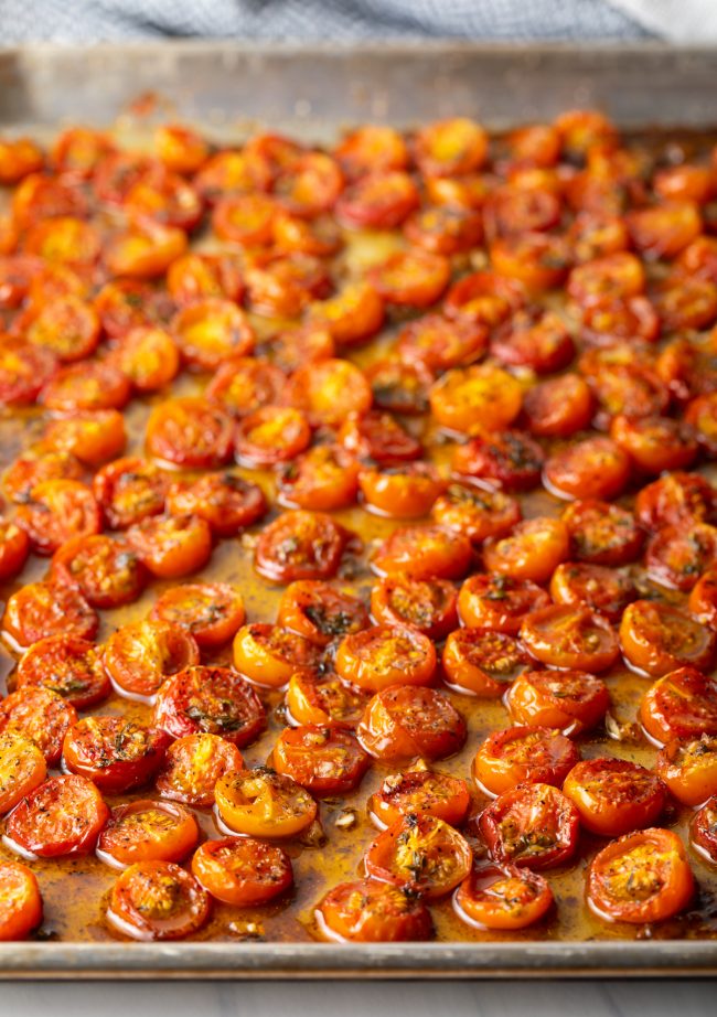 side view of oven roasted tomatoes