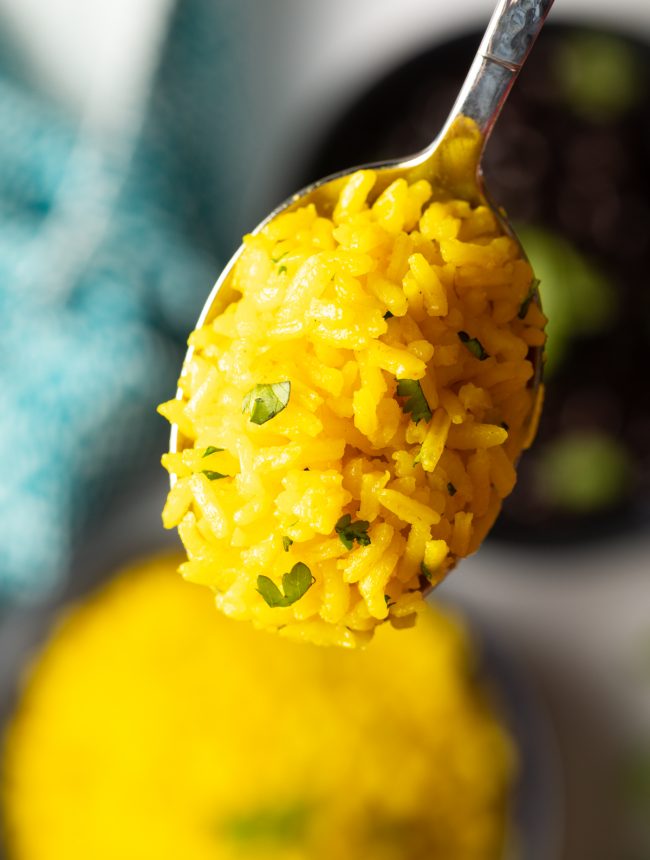 spoonful of arroz amarillo up close