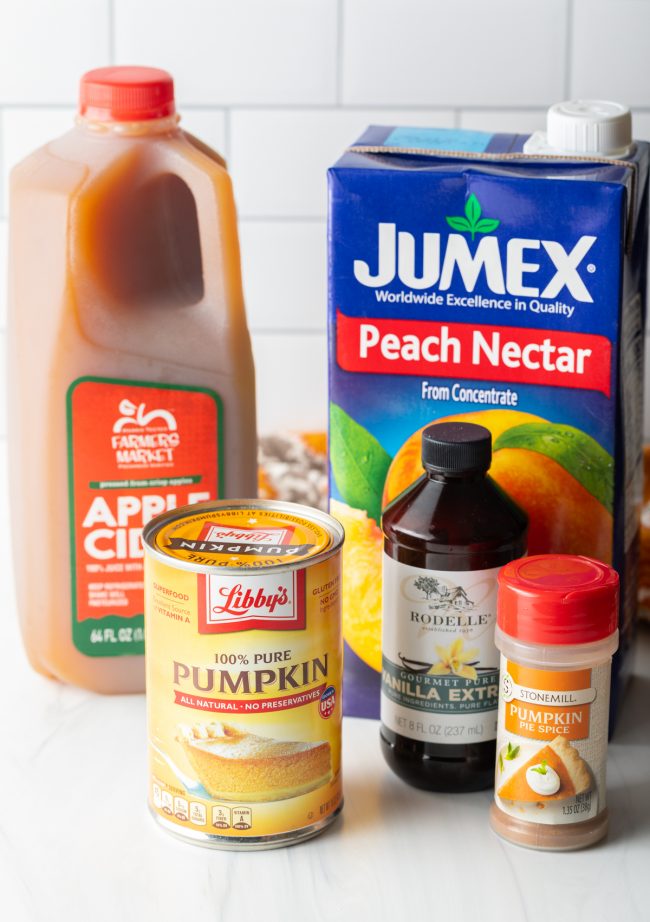 ingredients you need: canned pure pumpkin, pie spice, vanilla, box of peach nectar, and jug of apple cider