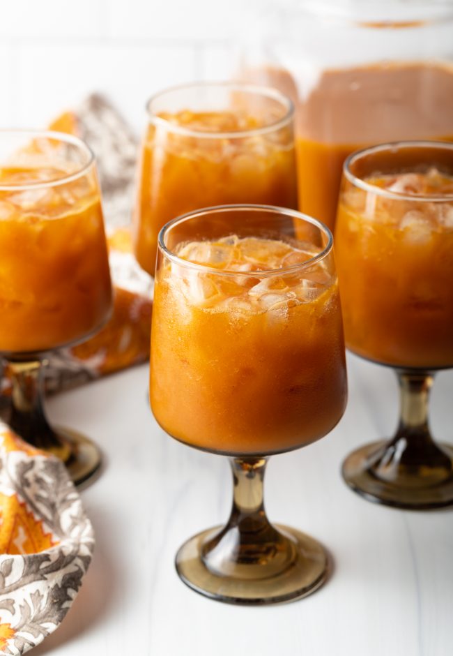cluster of goblets filled with ice and harry potter copycat pumpkin juice