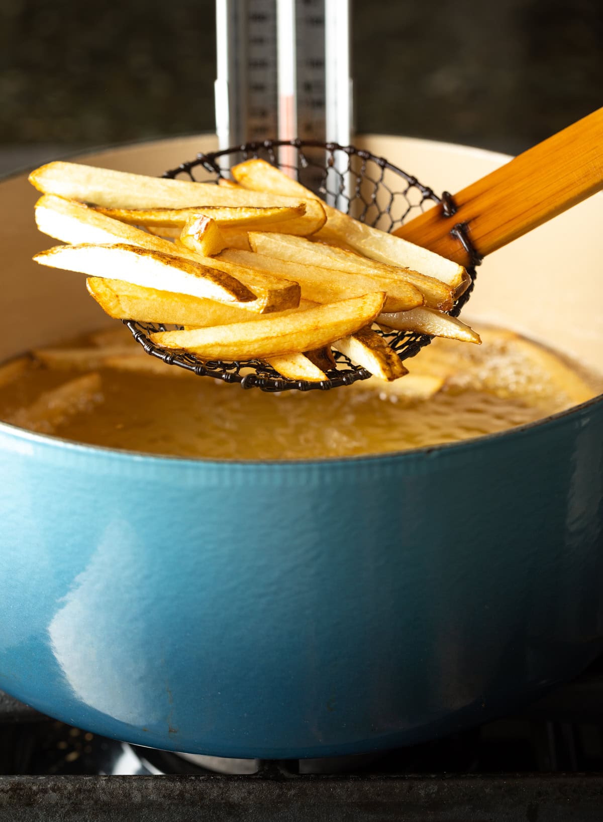 Skimmer holding French fries to camera.