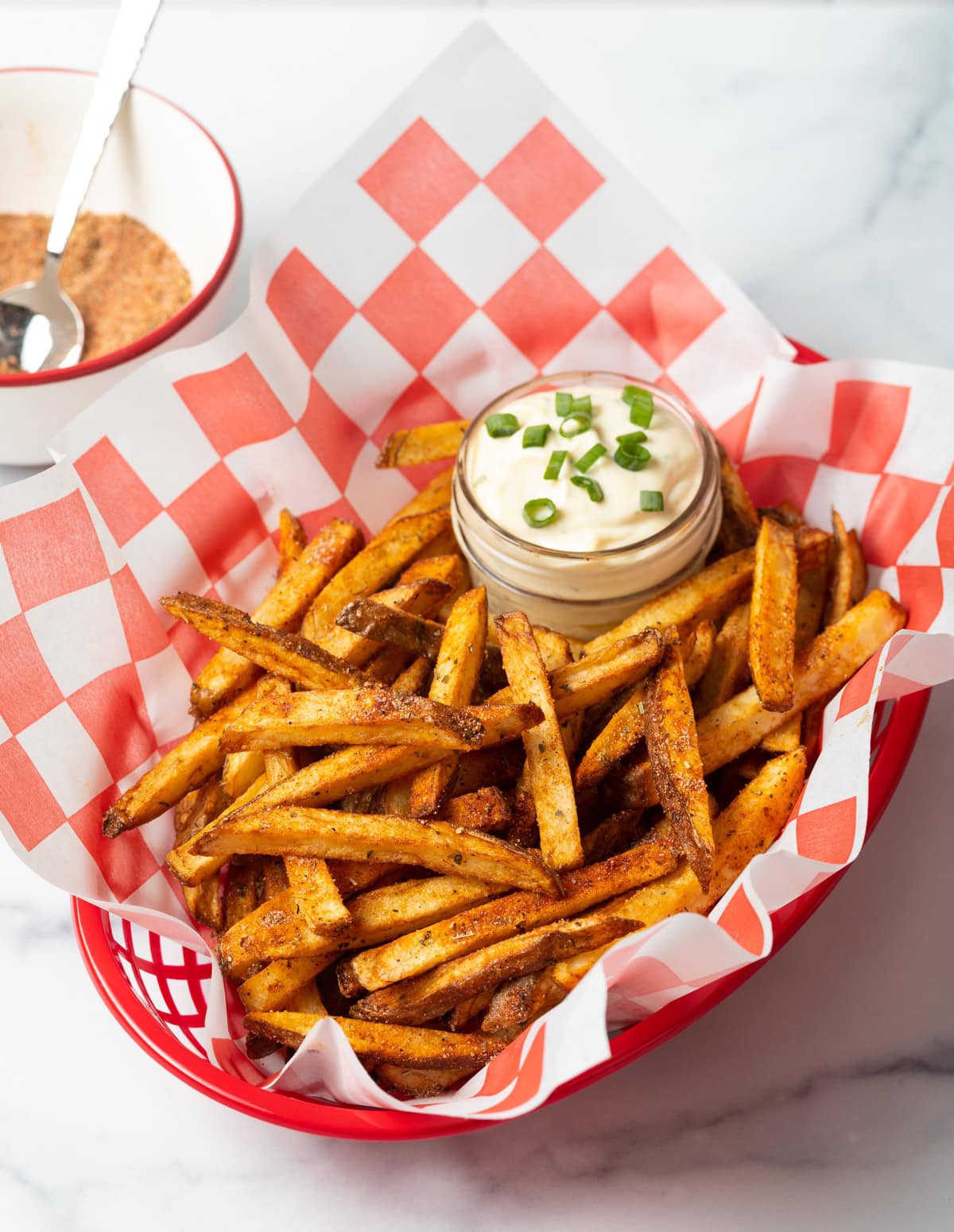 Final shot of fries made with the best Cajun fry seasoning recipe.