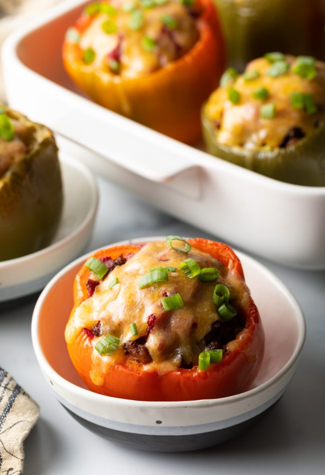 ground beef stuffed bell peppers one in a bowl