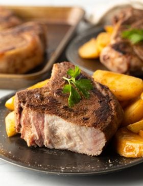 cut shot showing juicy inside of sous vide pork chop