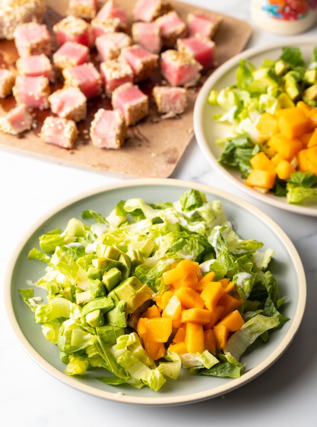 two plates with Romaine, chopped avocado, and chopped mango