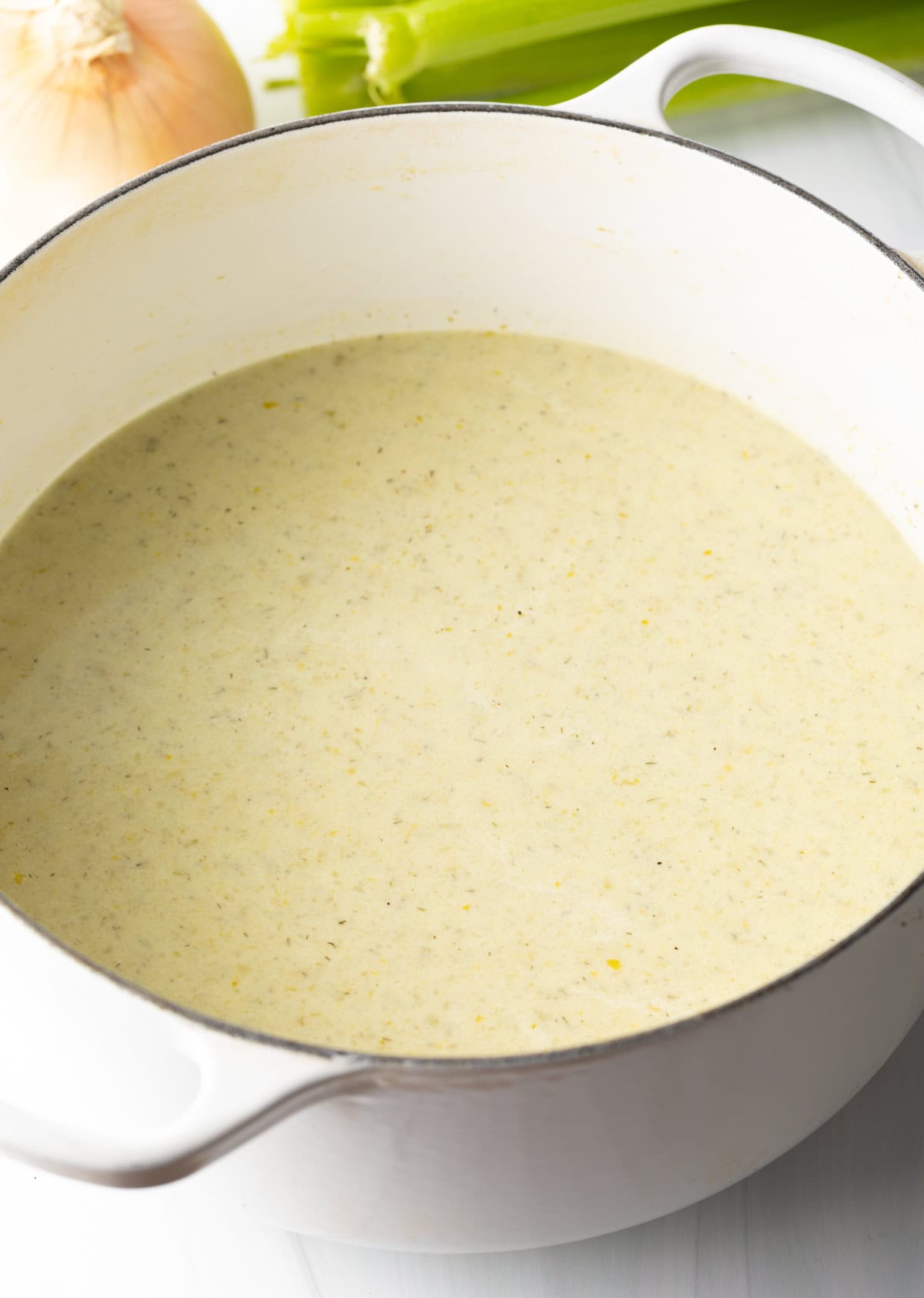 Cream of Celery Soup added back to pot, combined with heavy cream.