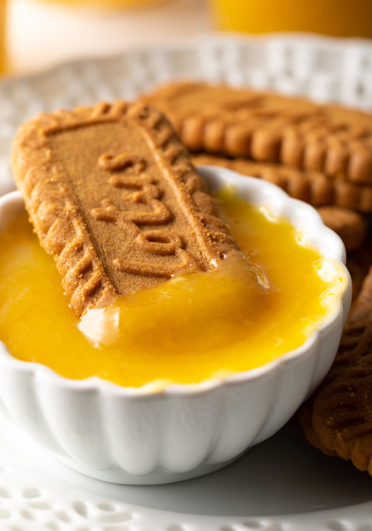 Close view small white dish with curd and cookie dipped.