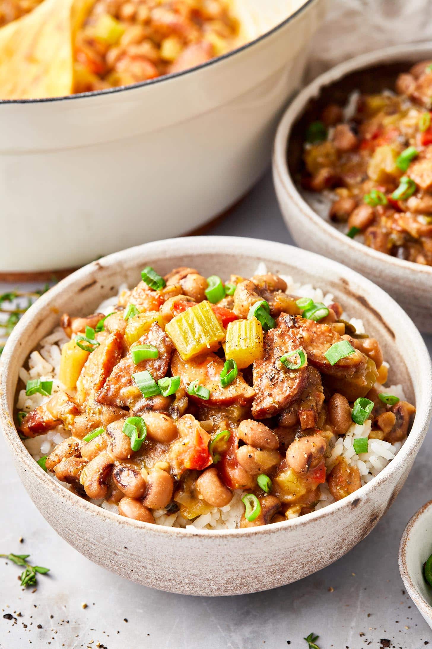 Closeup of a bowl full of Hoppin John.