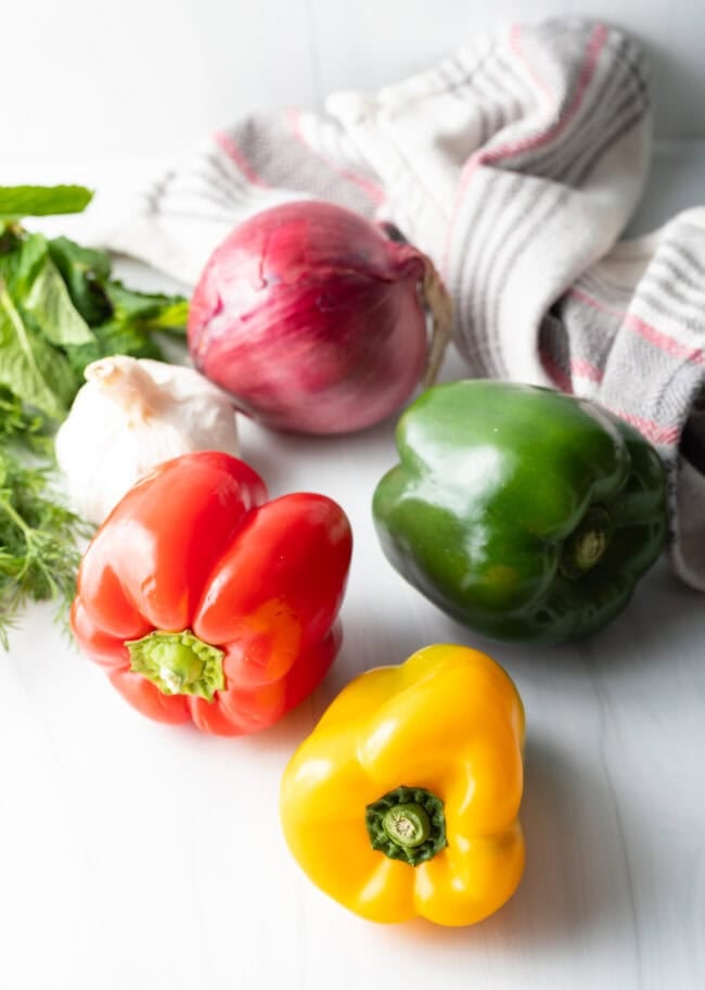 Closeup of ingredients needed for pepper salad. 