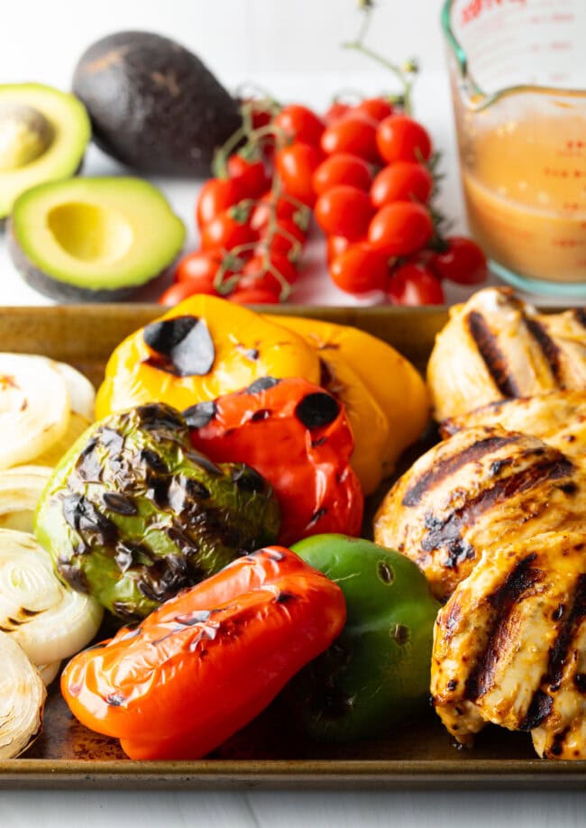 Closeup of grilled chicken and vegetables.