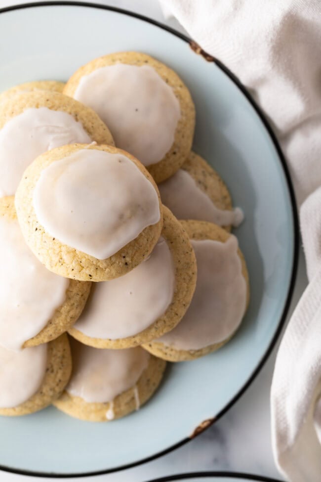 Top down stack of lemon glazed earl grey cookies.
