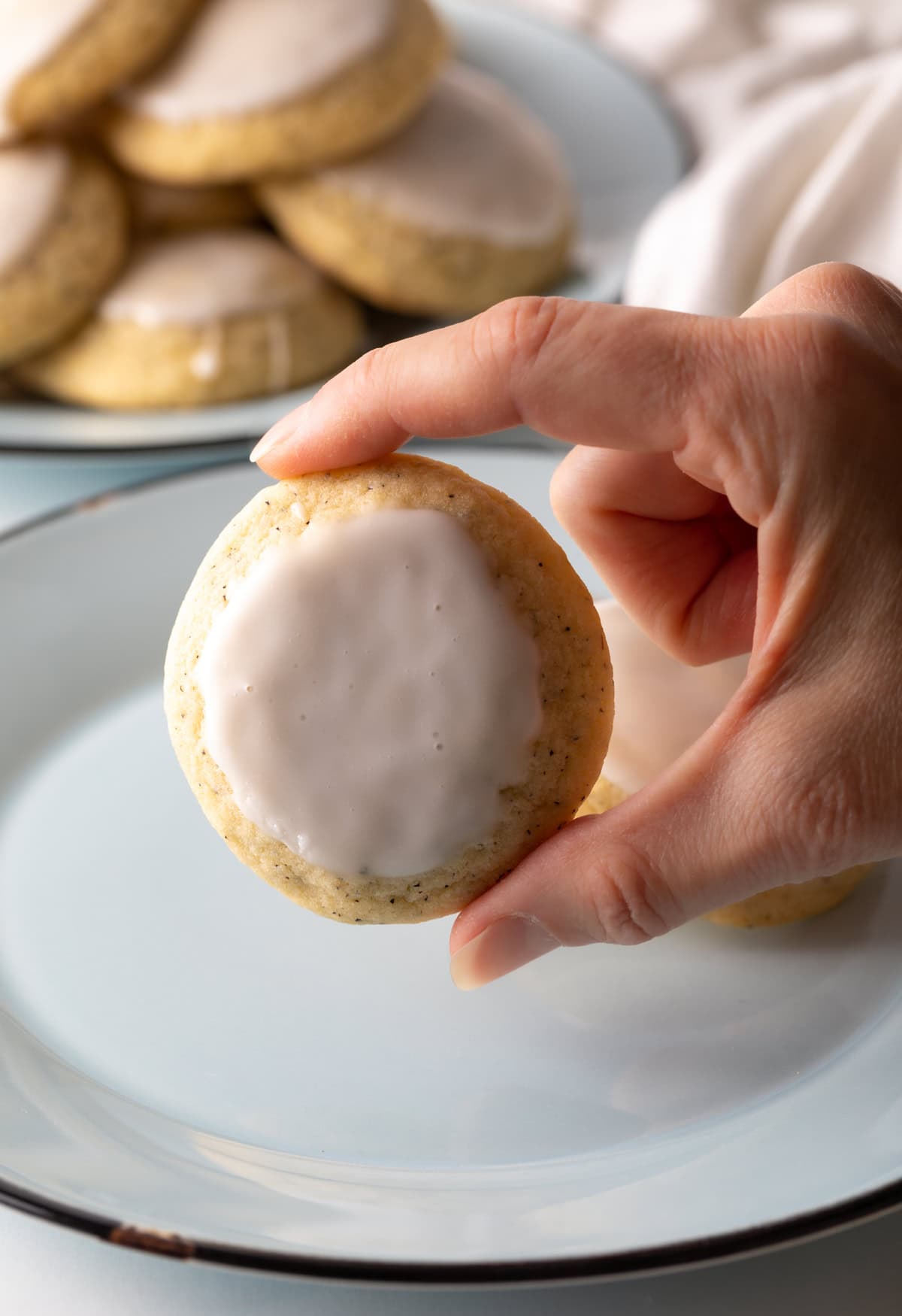 Hand holding dipped cookie to camera.