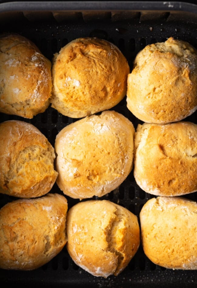 Top down 9 biscuits in the air fryer.