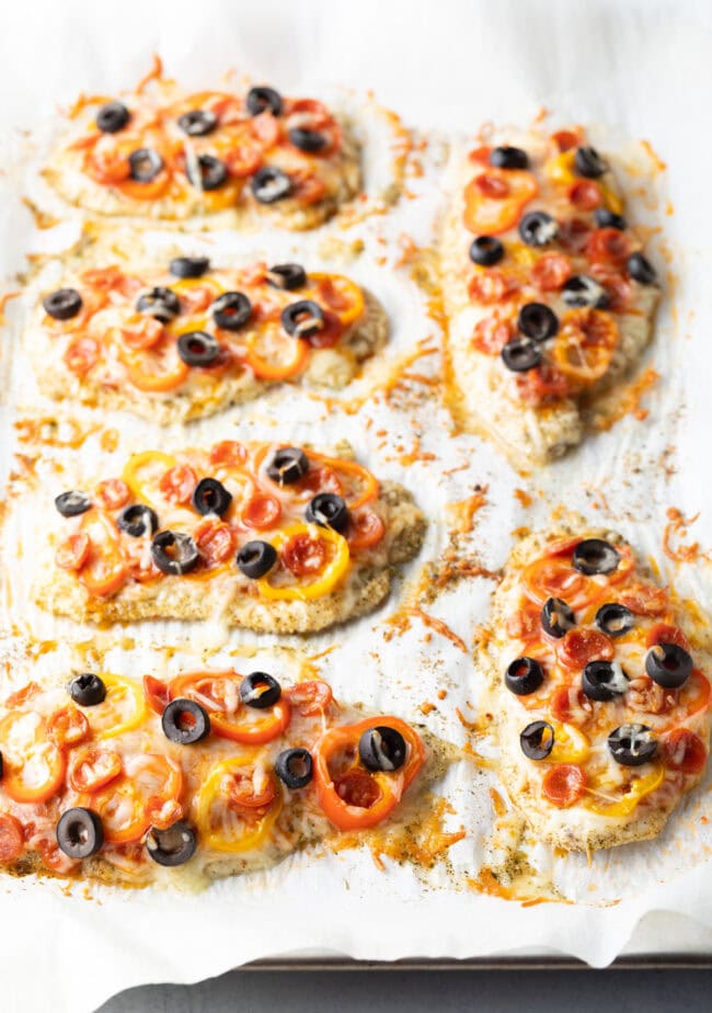 Baked pizzas on chicken cutlet crusts.