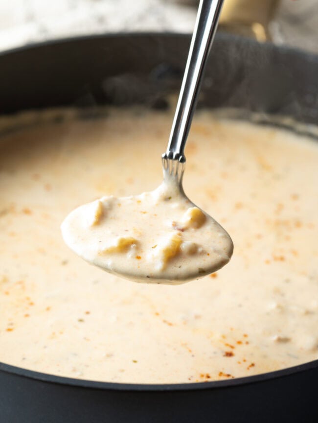 Best lobster ravioli sauce in a stock pot with a ladle scooping up some sauce. 