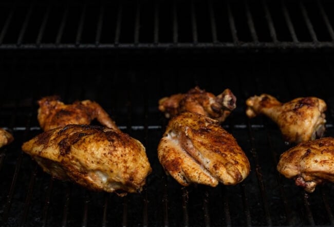 Smoked chicken in the smoker. 