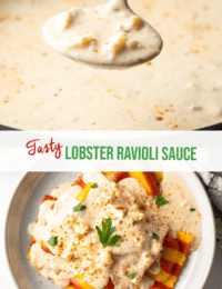 Pinterest image: Top image with metal spoon showing sauce to camera, lower image is top down image of plated ravioli with sauce. Two images are divided by a white banner with the recipe title: Tasty Lobster Ravioli Sauce.