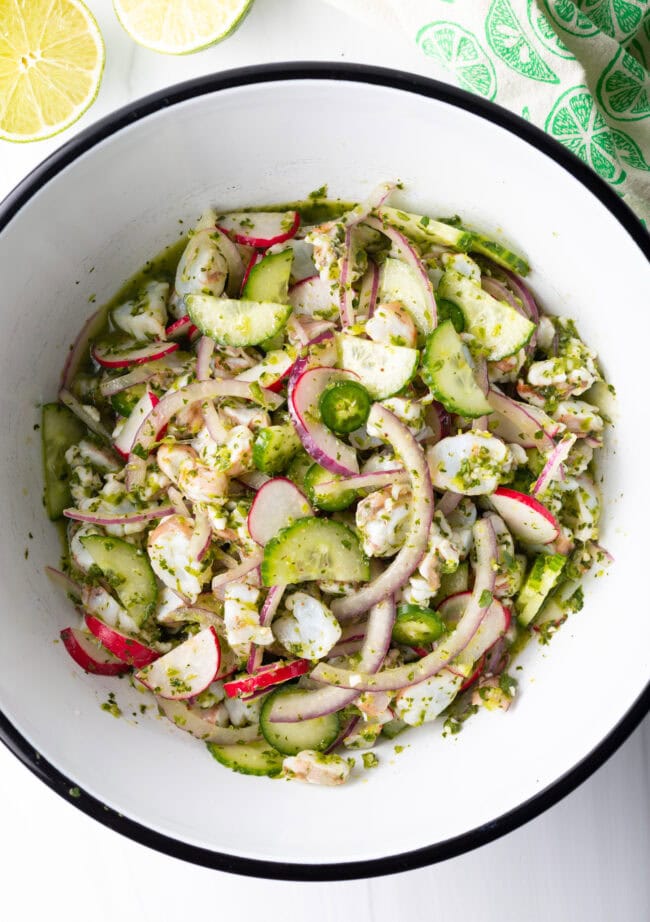 Top down white bowl with cucumber, jalapeno, red onions and radishes.